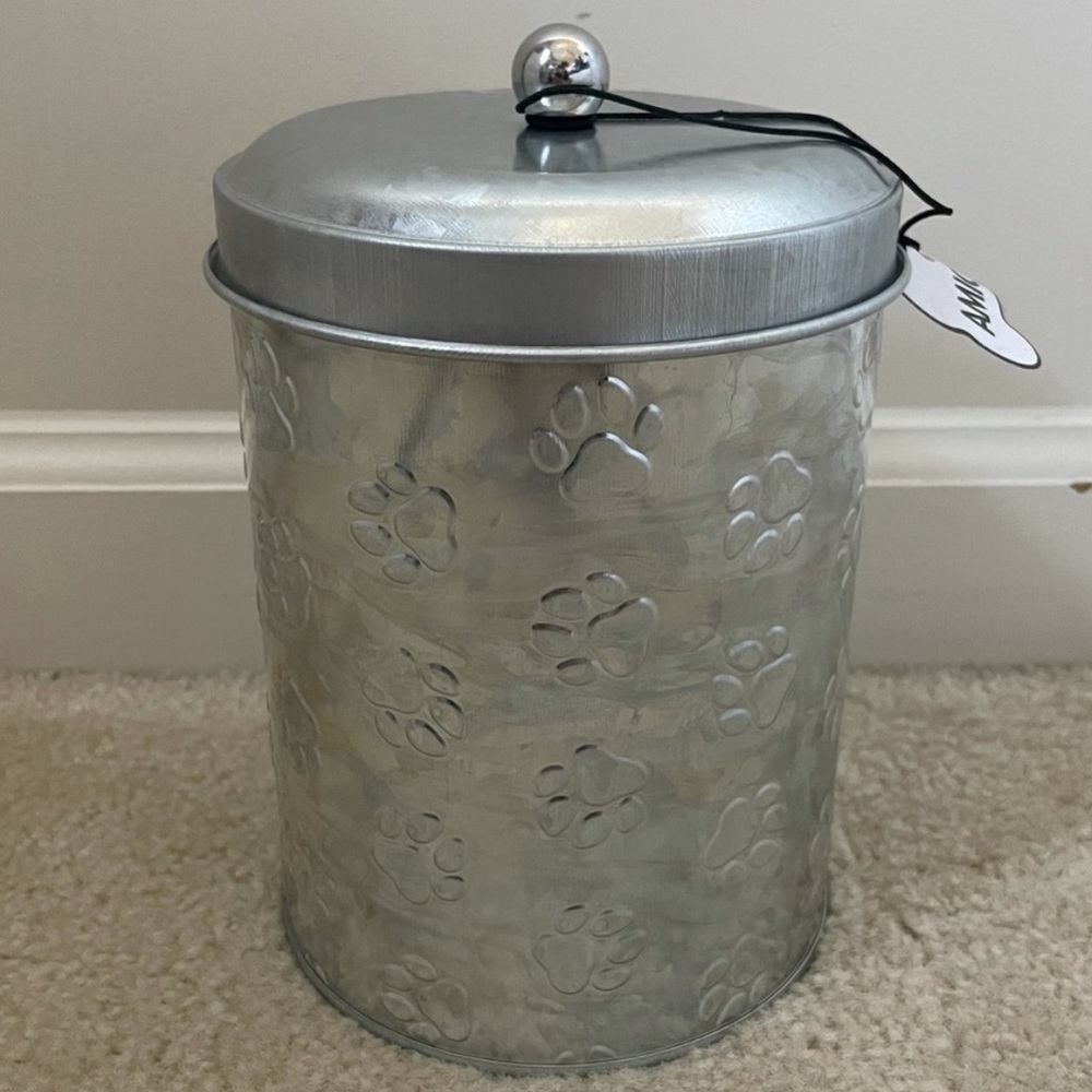 Silver dog treat tin container
